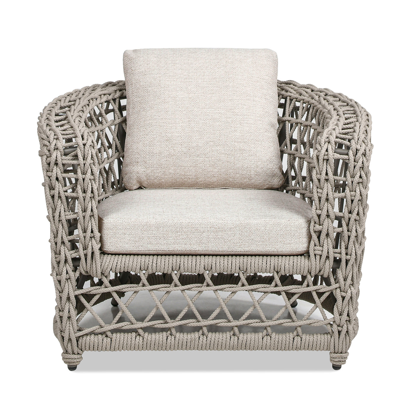 Woven gray rope armchair with cream cushions for outdoor lounging