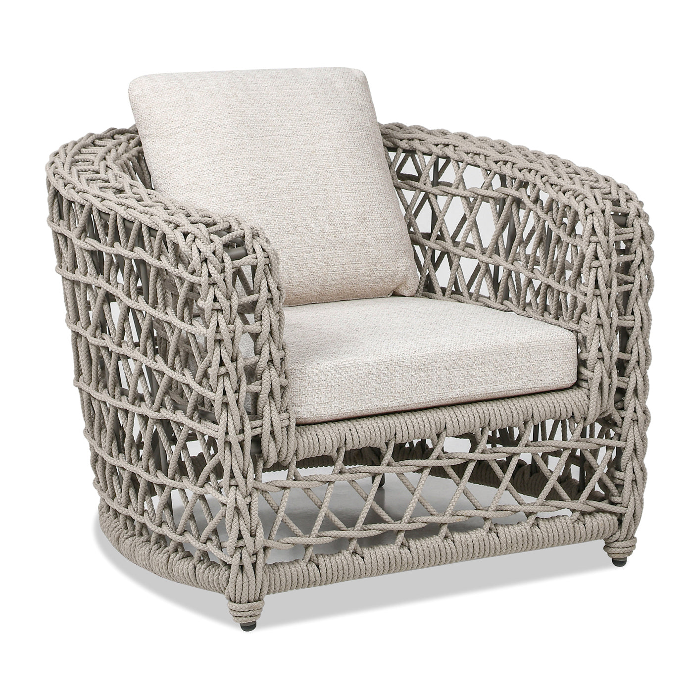 Woven rope accent chair with neutral cushions