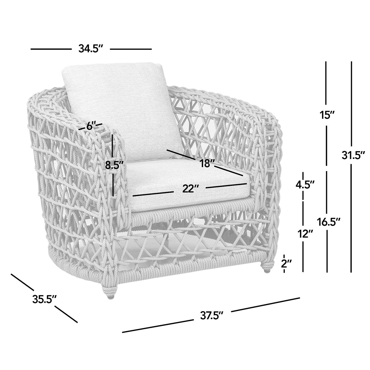 Woven outdoor chair in a neutral tone featuring detailed rope construction and plush white cushions