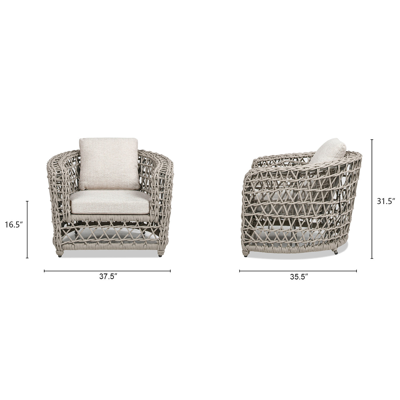 Woven gray outdoor accent chair with comfortable cream cushions