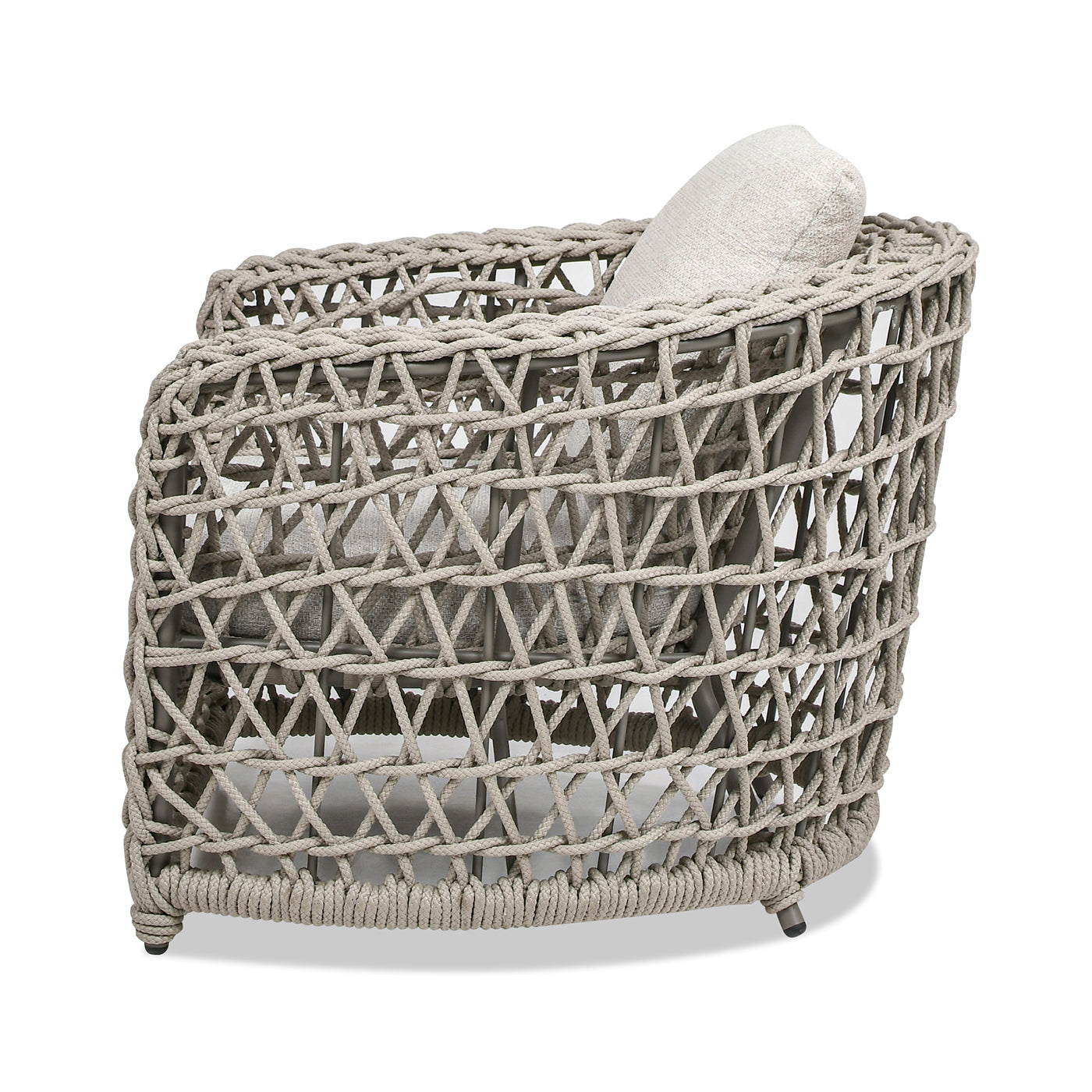 Woven grey rope accent chair with light grey cushions and modern frame