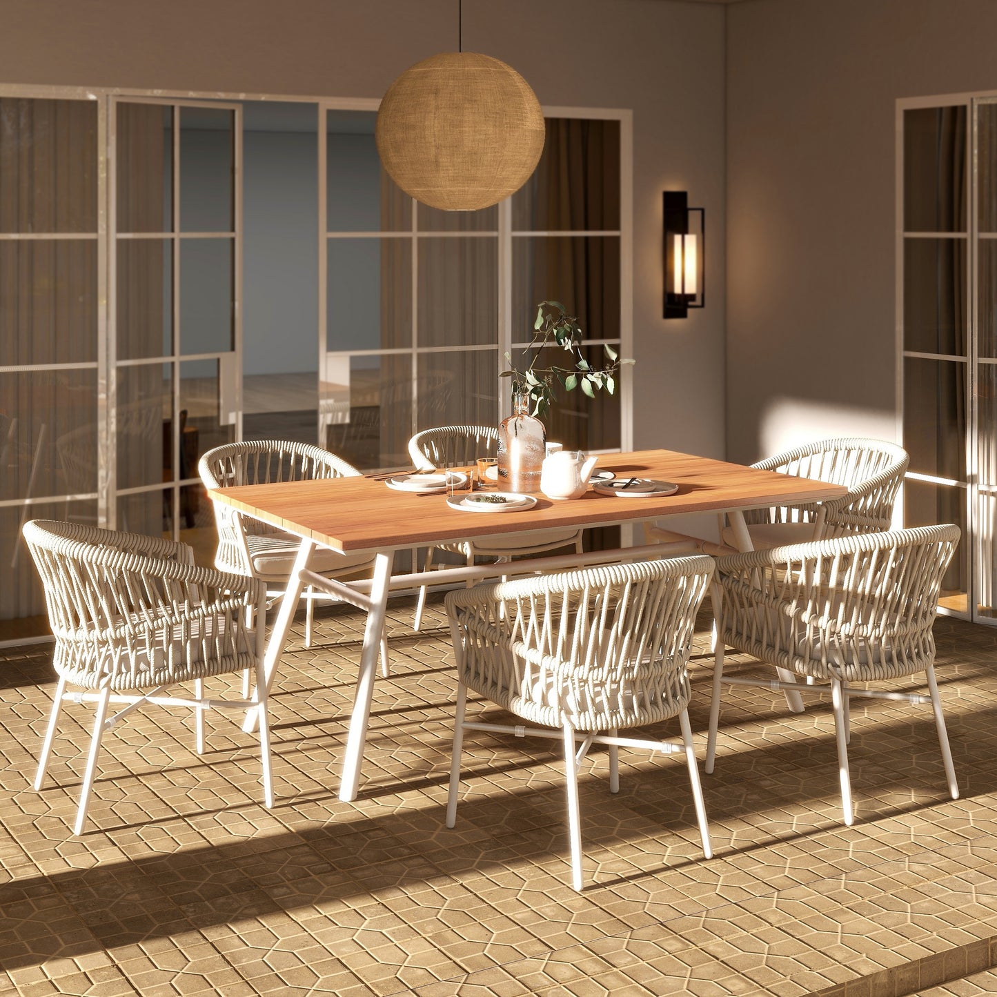Sixseater patio dining set with white woven chairs and a wooden table