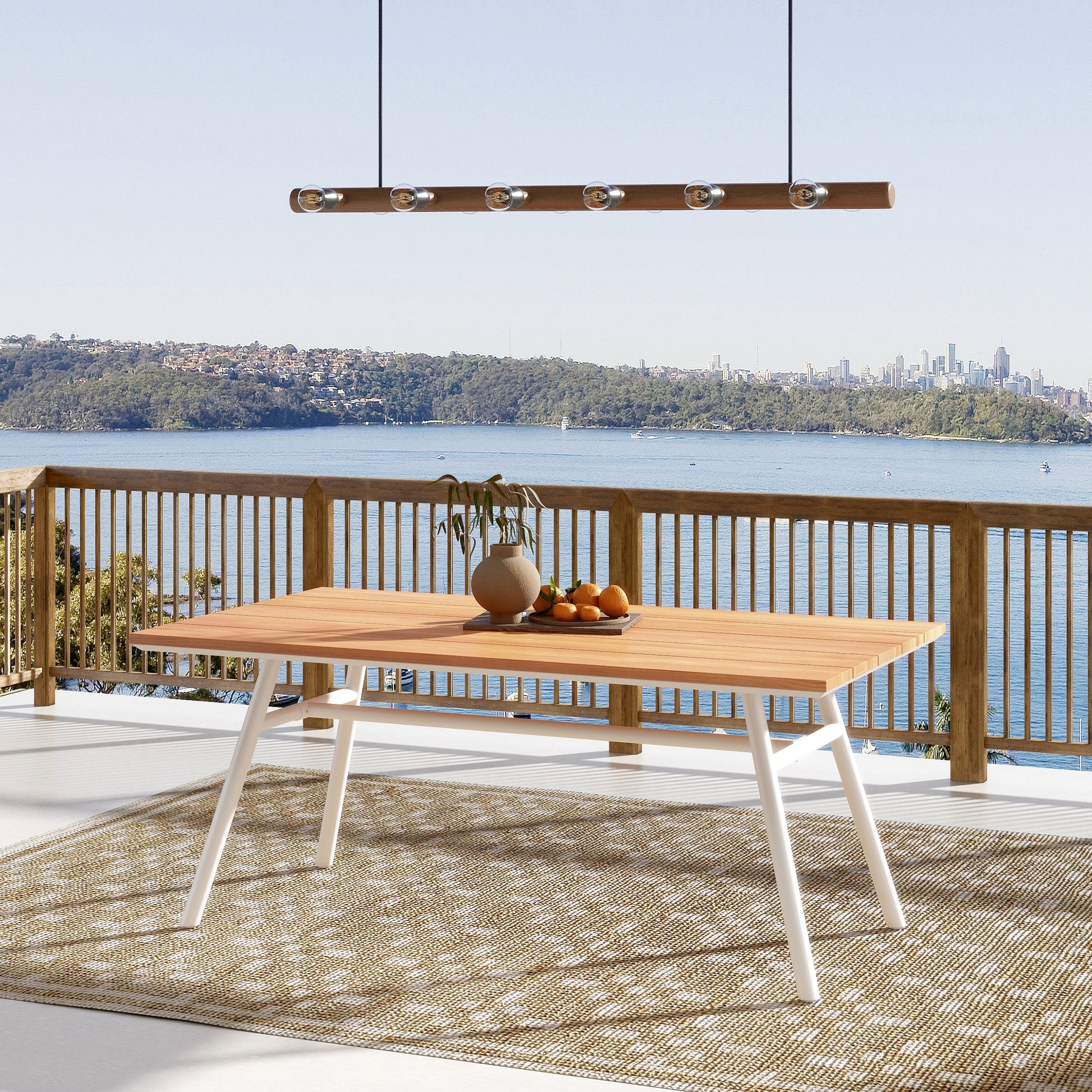 Modern wood slat outdoor dining table with white metal legs