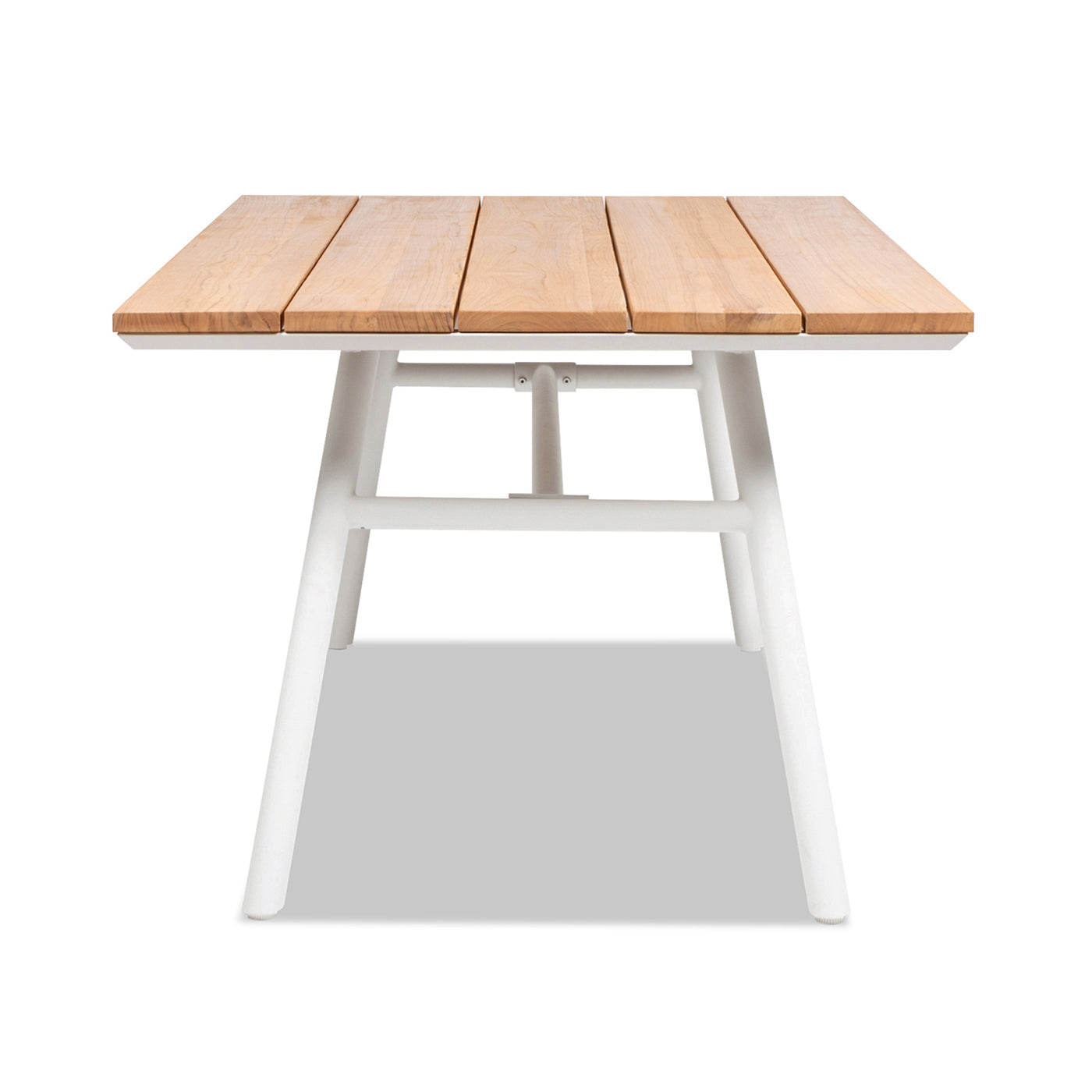 Natural wood plank dining table with white metal frame