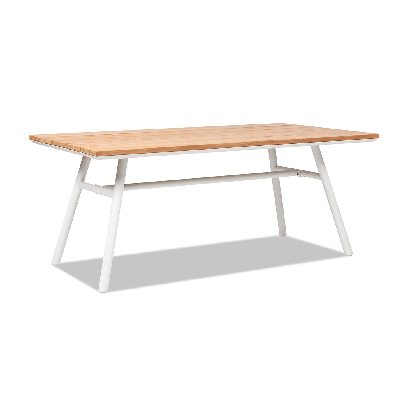 Rectangular wood slatted dining table with white metal legs