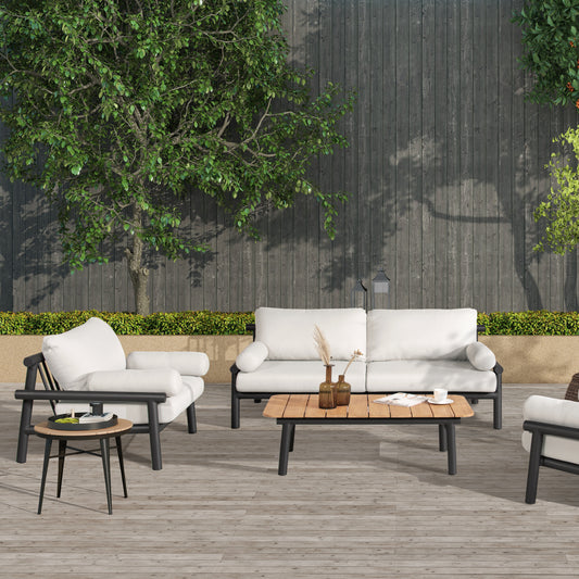 Modern white outdoor sofa with black frame and cushions