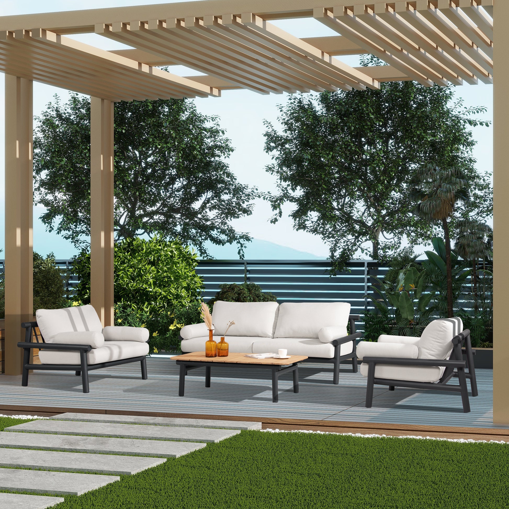Cream upholstered outdoor sofa with black frame comfortable seating on a deck