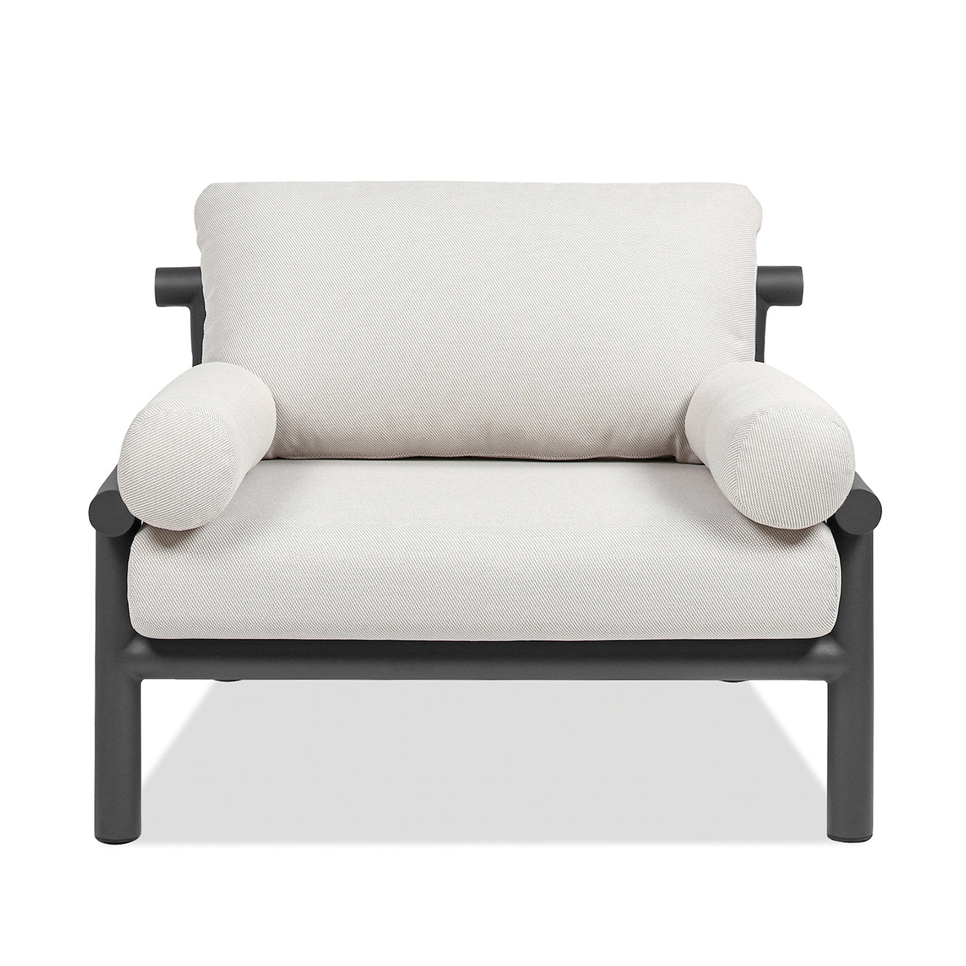Modern accent chair with textured offwhite upholstery and dark gray frame