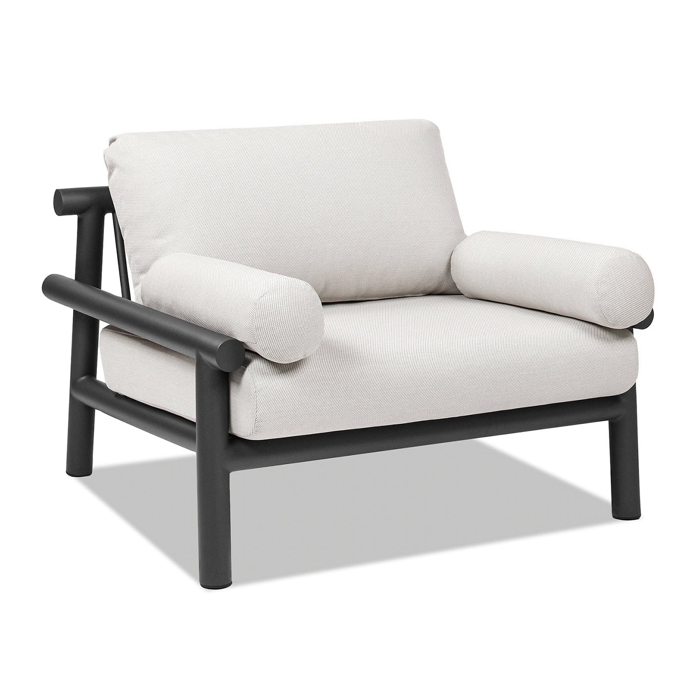 Modern outdoor armchair with charcoal frame and cream upholstered cushions