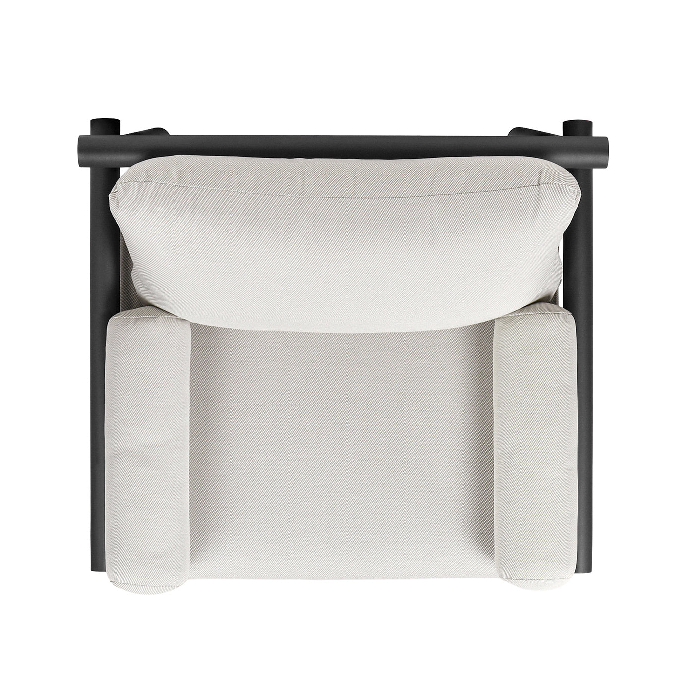 Top view of minimalist accent chair with white upholstery and black metal frame