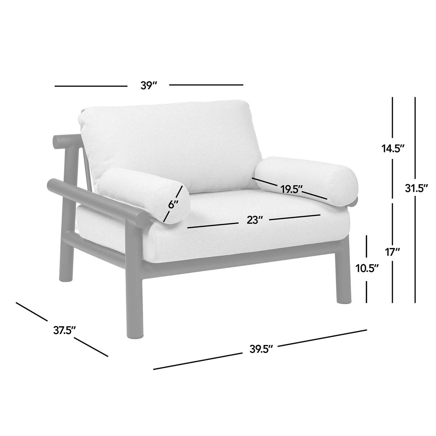 White upholstered armchair with wooden frame and lumbar pillow