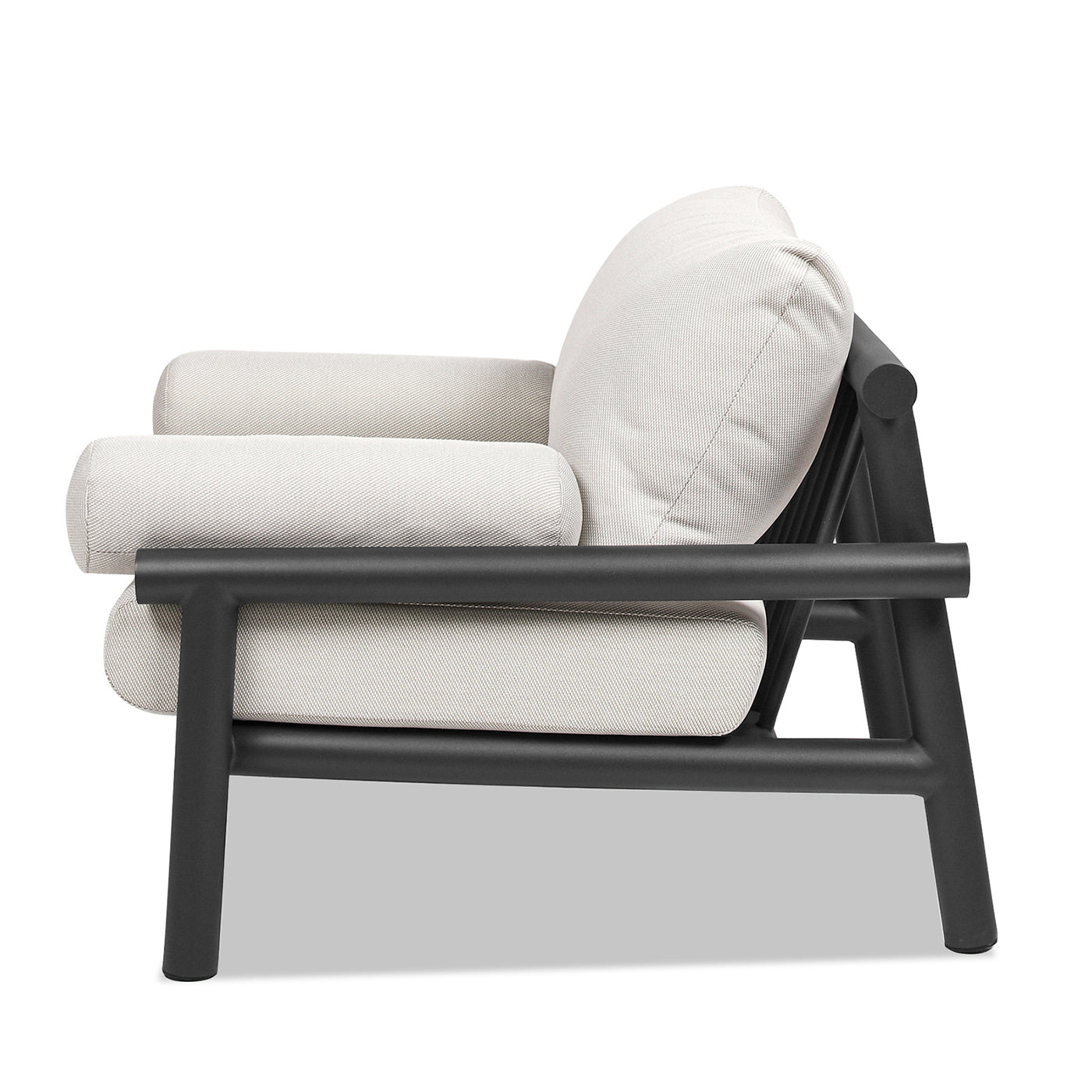 Modern charcoal frame accent chair with textured light grey cushions
