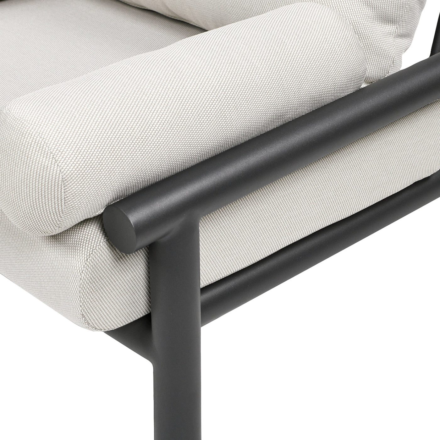 Textured light grey outdoor armchair with black metal frame