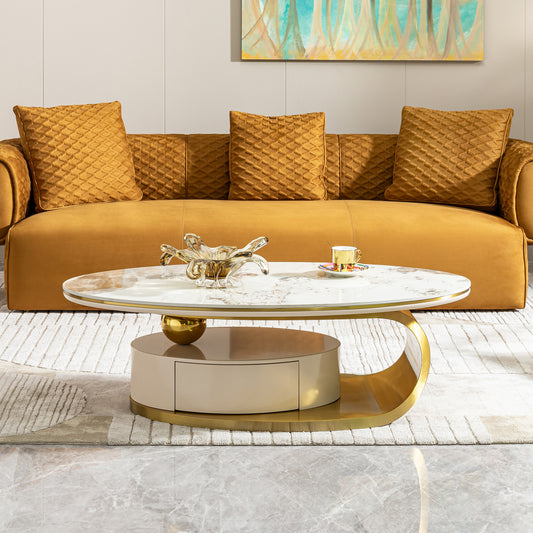 Oval marble coffee table with gold accents and builtin storage