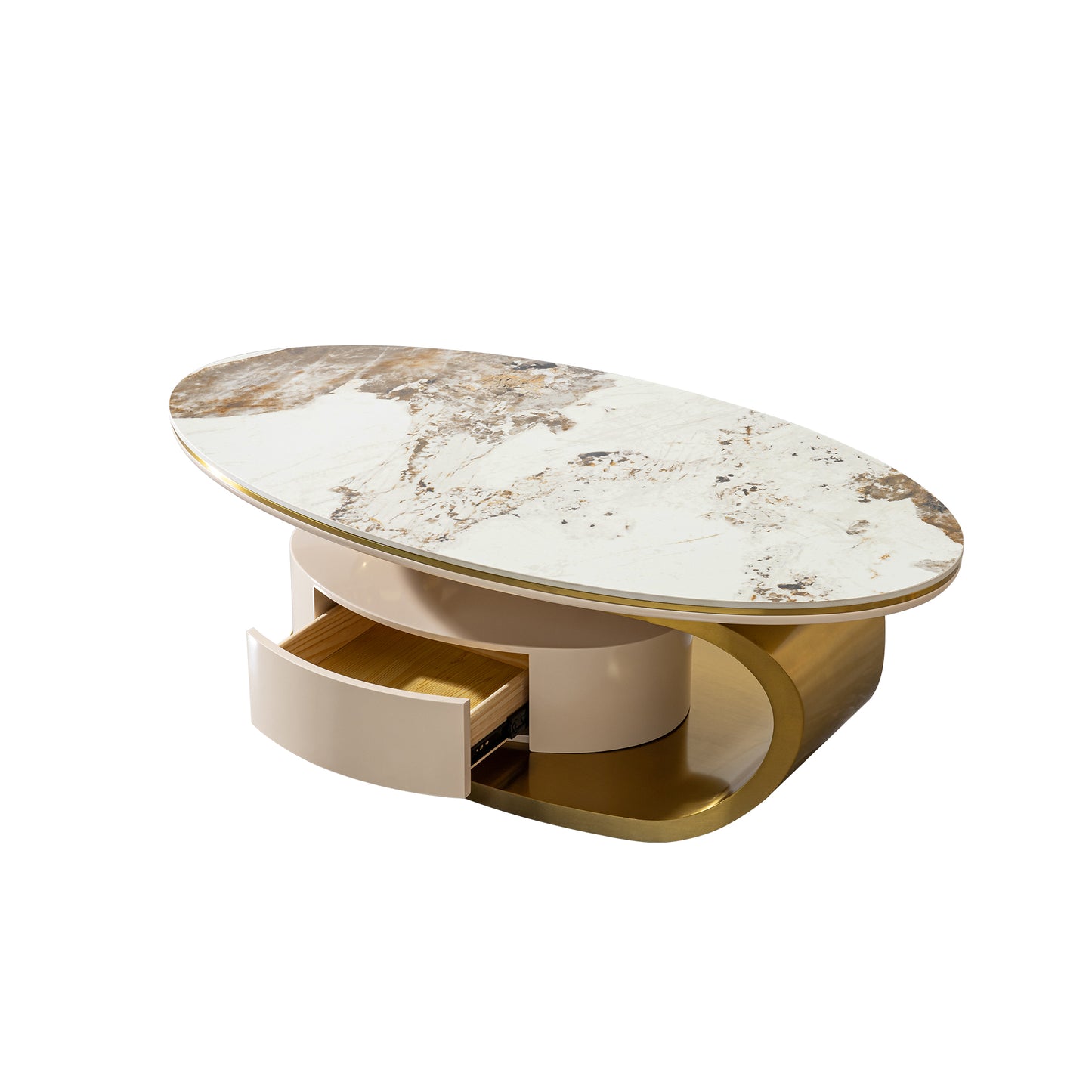 Oval marble top coffee table with gold accents and cream drawer