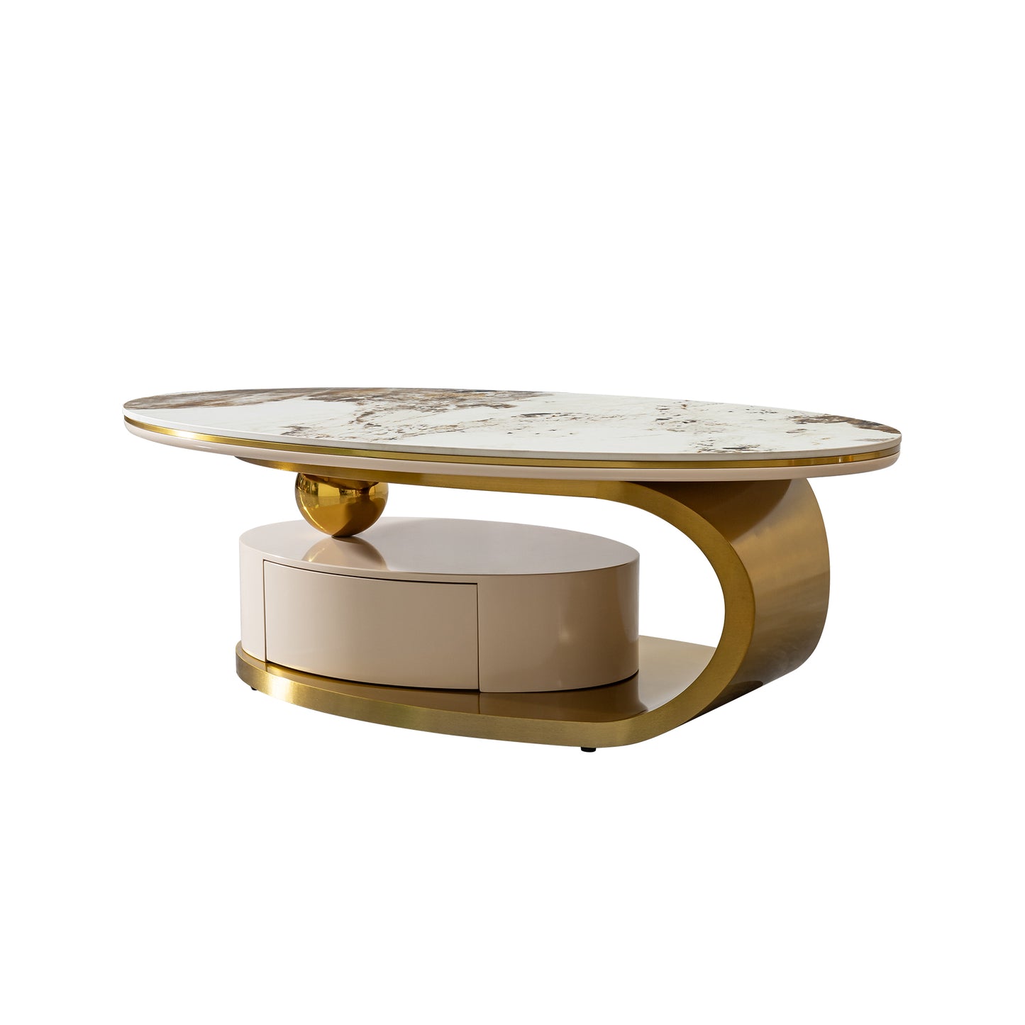 Oval marble top coffee table with brass frame and beige drawer