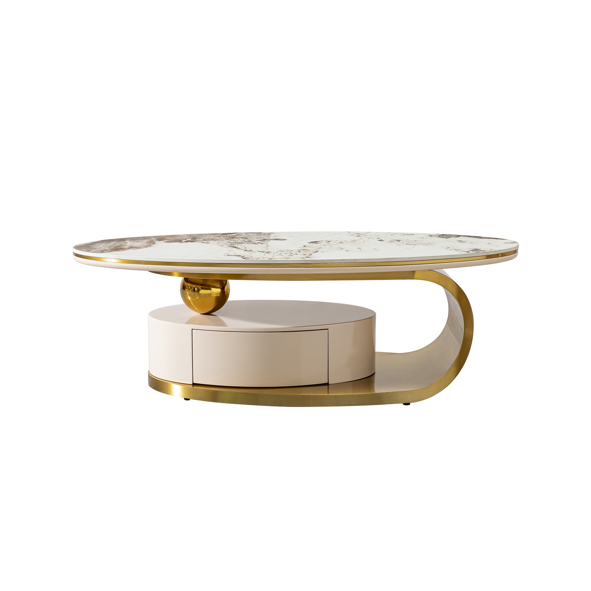 Modern oval coffee table with white and gold marble top and cream drawer