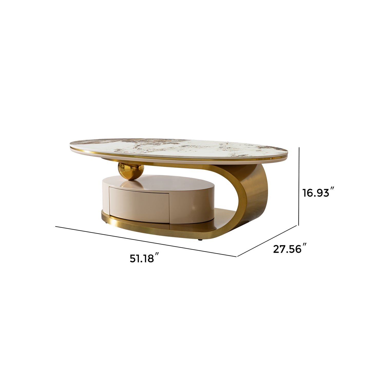 Oval marble top coffee table with gold accents and a single drawer