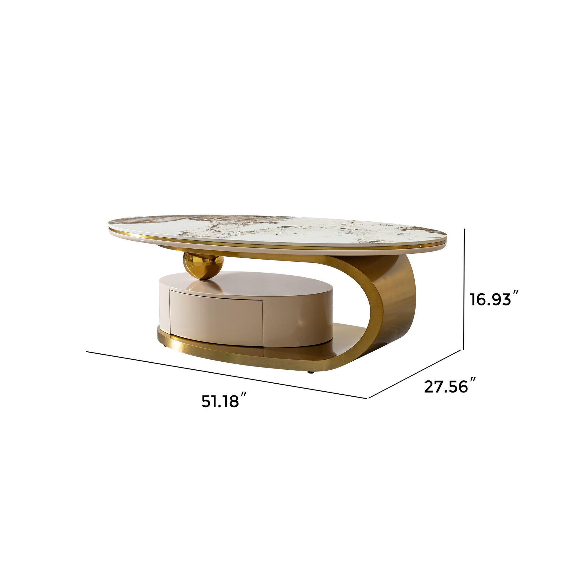 Oval marble top coffee table with gold accents and a single drawer