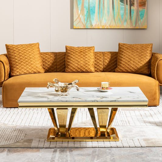 Modern marble coffee table with gold accents and Vshaped legs