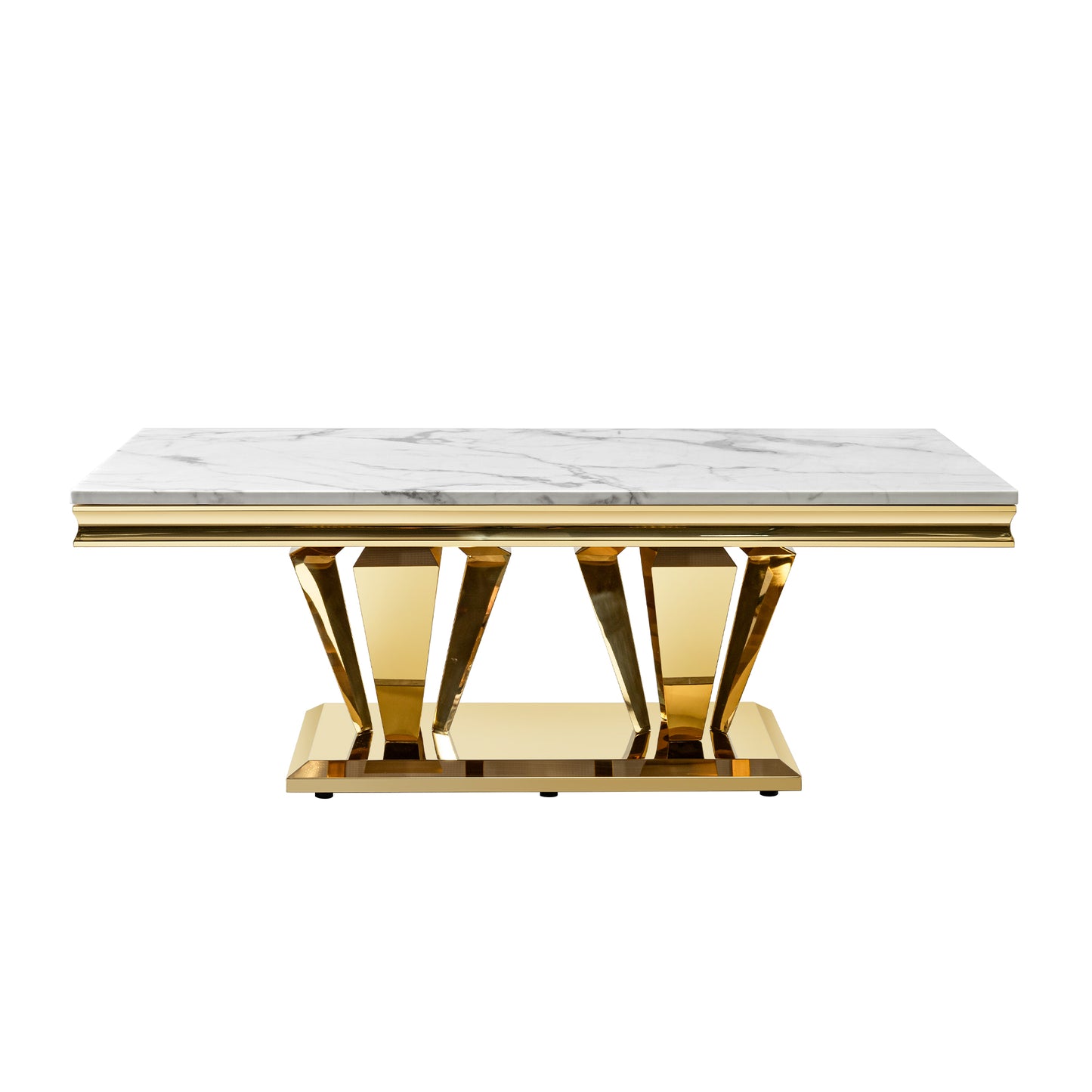 Modern rectangular coffee table with white marble top and gold geometric base