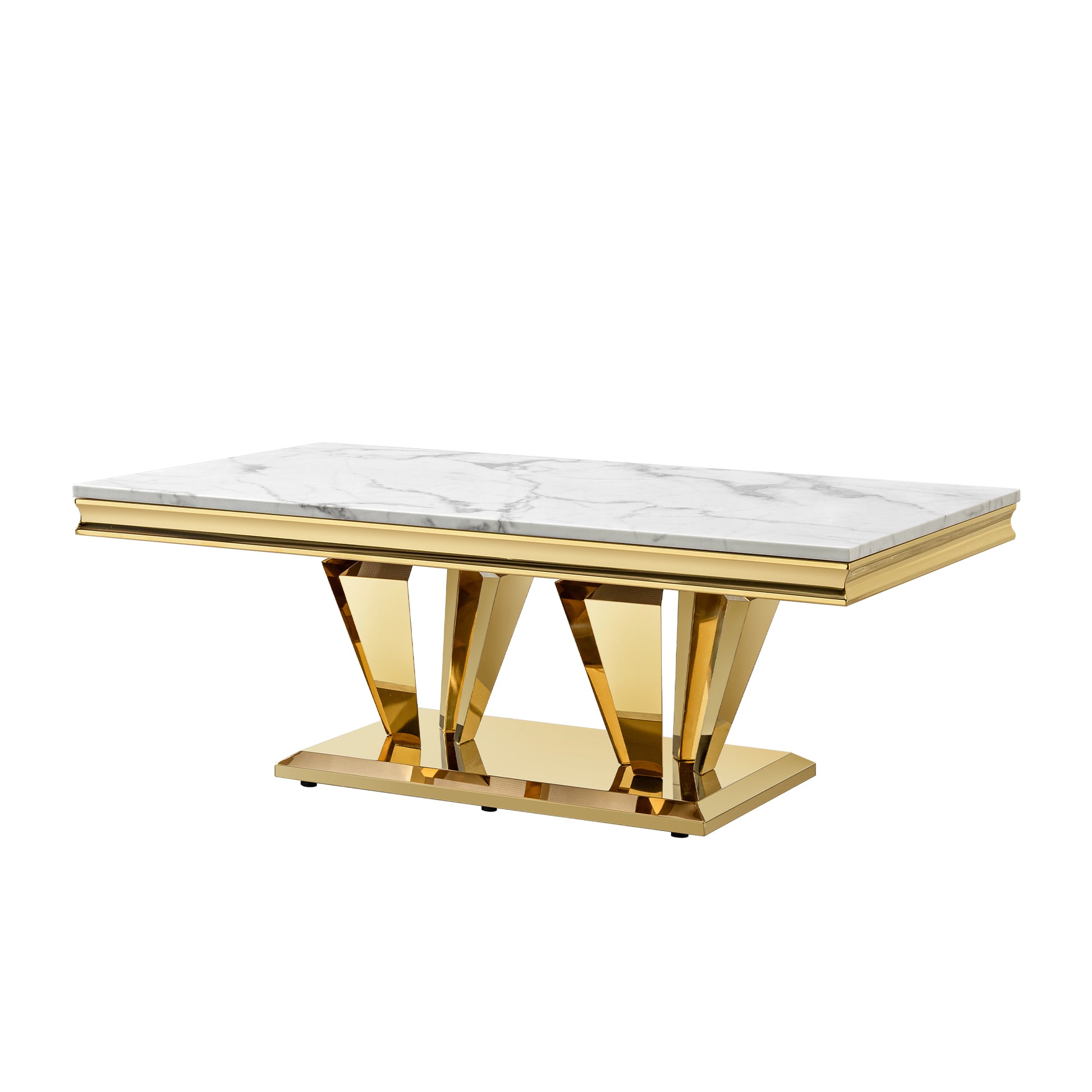 Modern marble dining table with polished gold geometric base