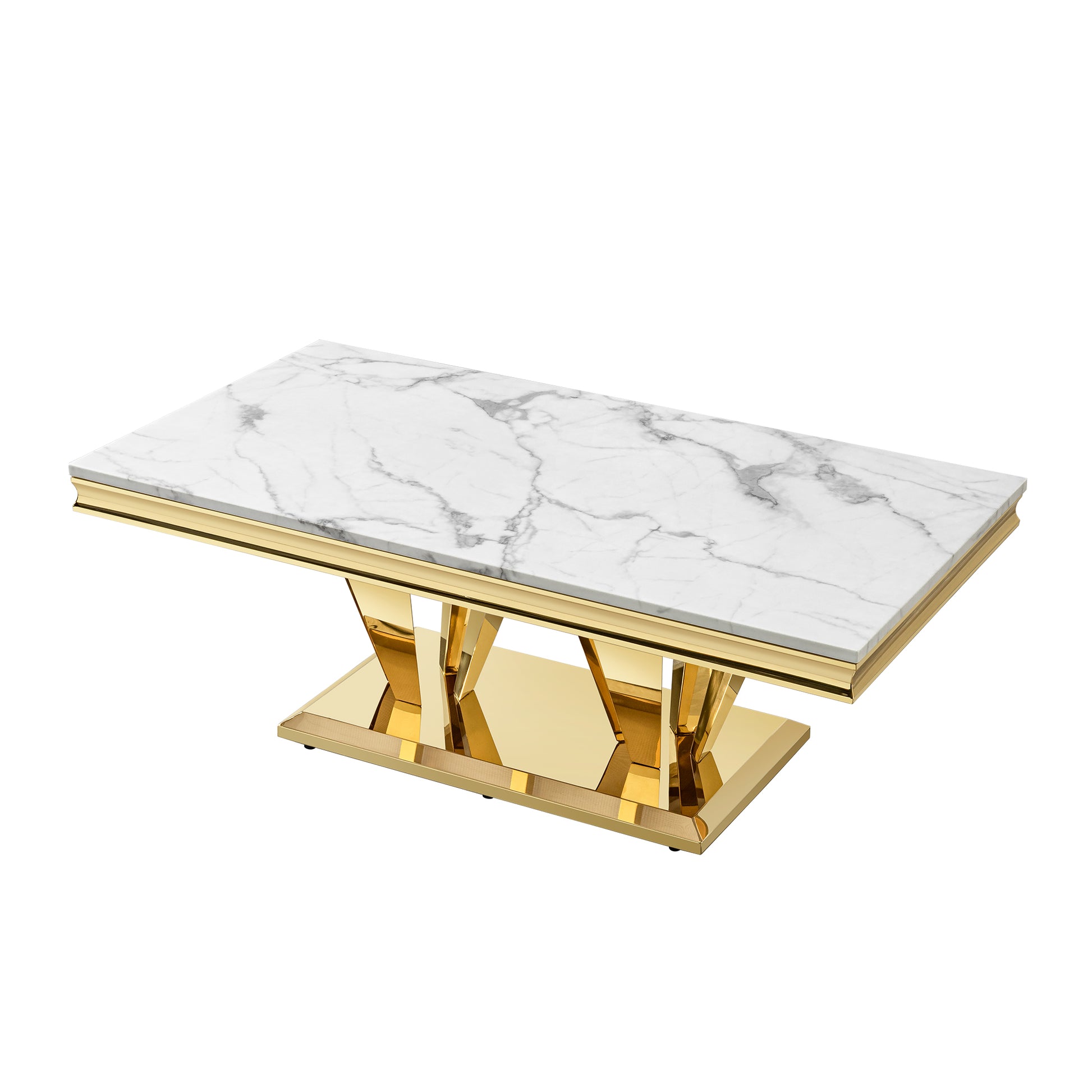 Rectangular marble coffee table with gold metal base and accents