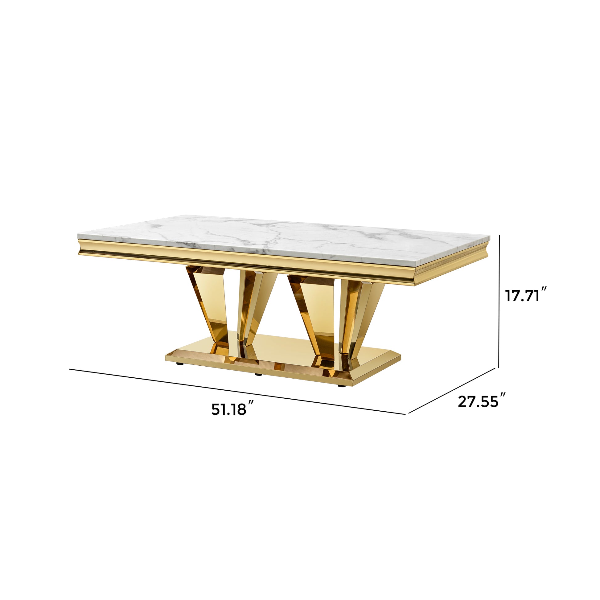 Rectangular white marble top coffee table with polished gold geometric base