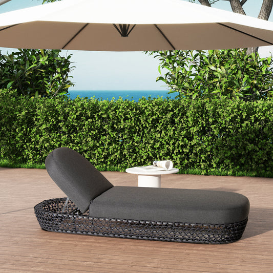 Dark gray wicker outdoor chaise lounge with adjustable back perfect for poolside relaxation