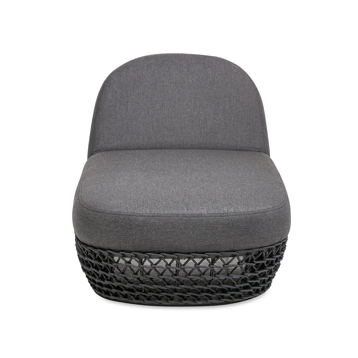 Grey upholstered accent chair with woven base