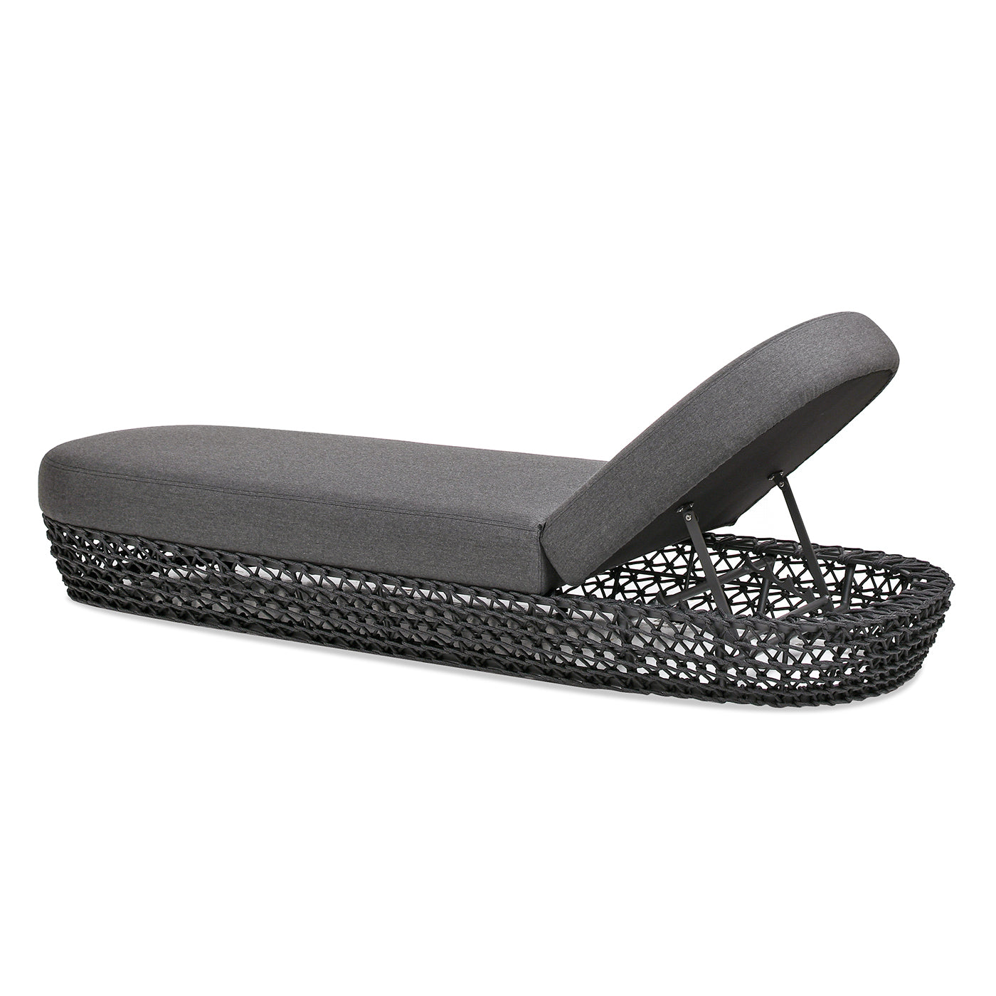 Gray upholstered storage chaise lounge with open lid and black woven base