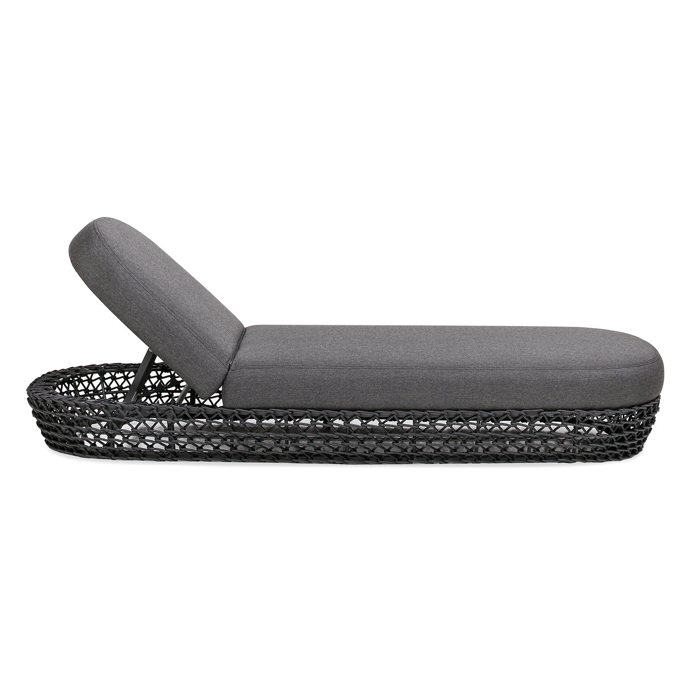 Gray upholstered chaise lounge with woven dark base
