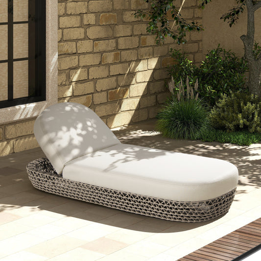 Cream upholstered outdoor chaise lounge with woven grey base