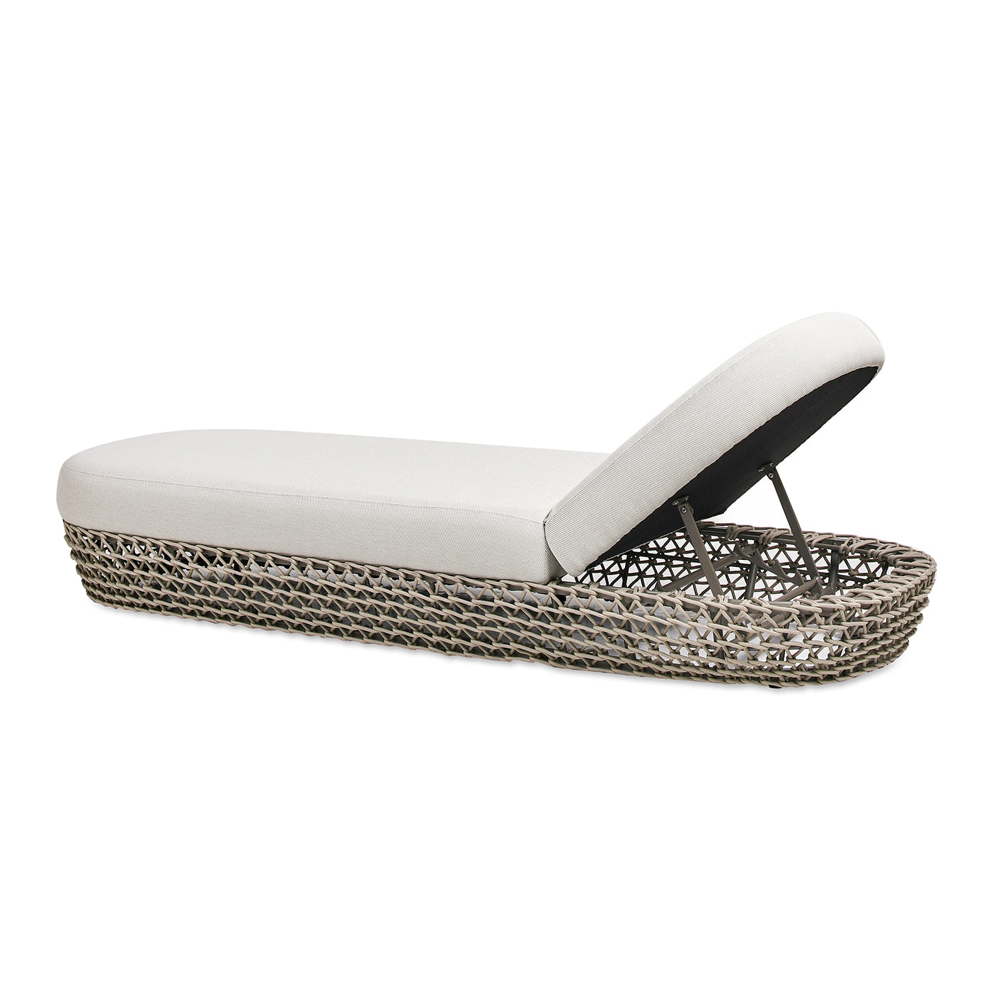 White upholstered outdoor chaise lounge with grey woven base