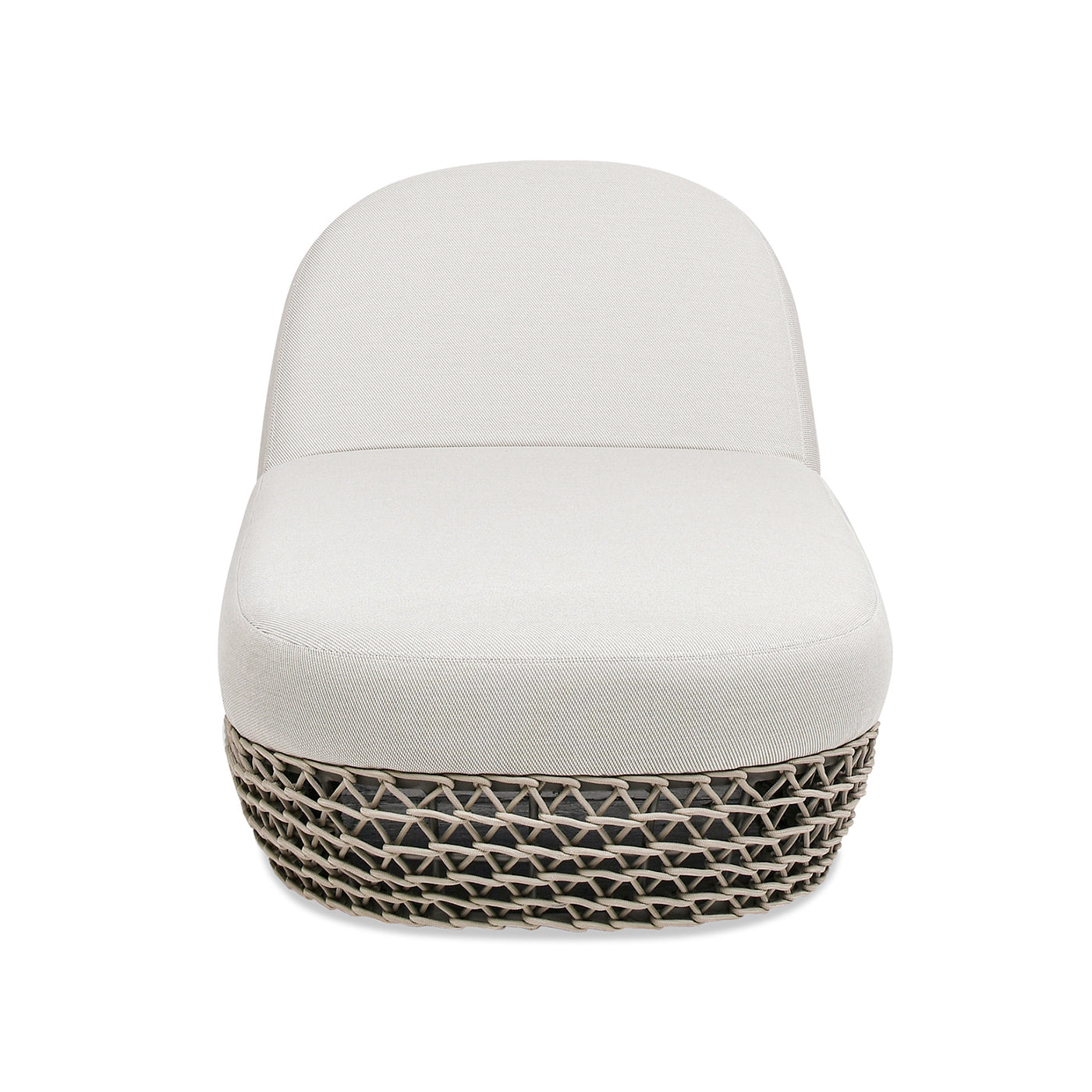 Woven base accent chair with plush cream fabric upholstery and rounded back