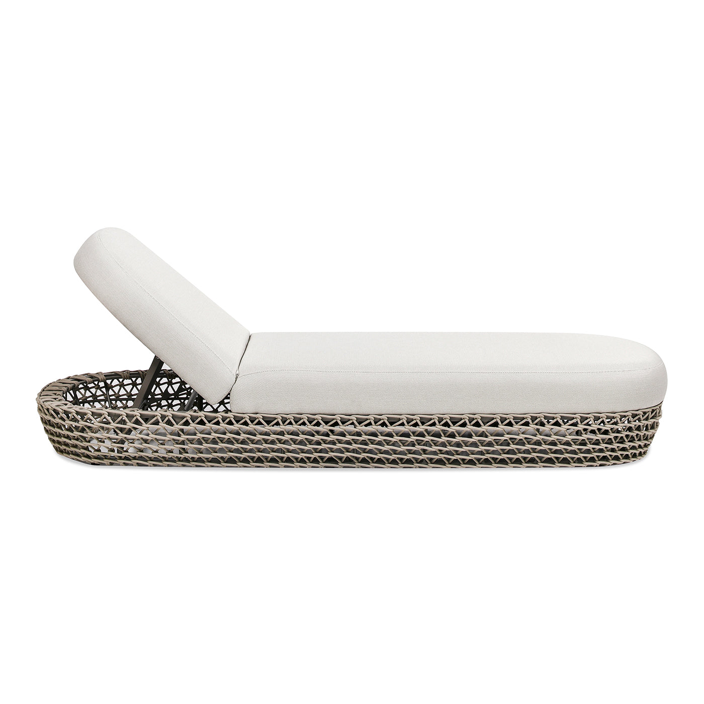 Outdoor chaise lounge with woven base and cream cushion