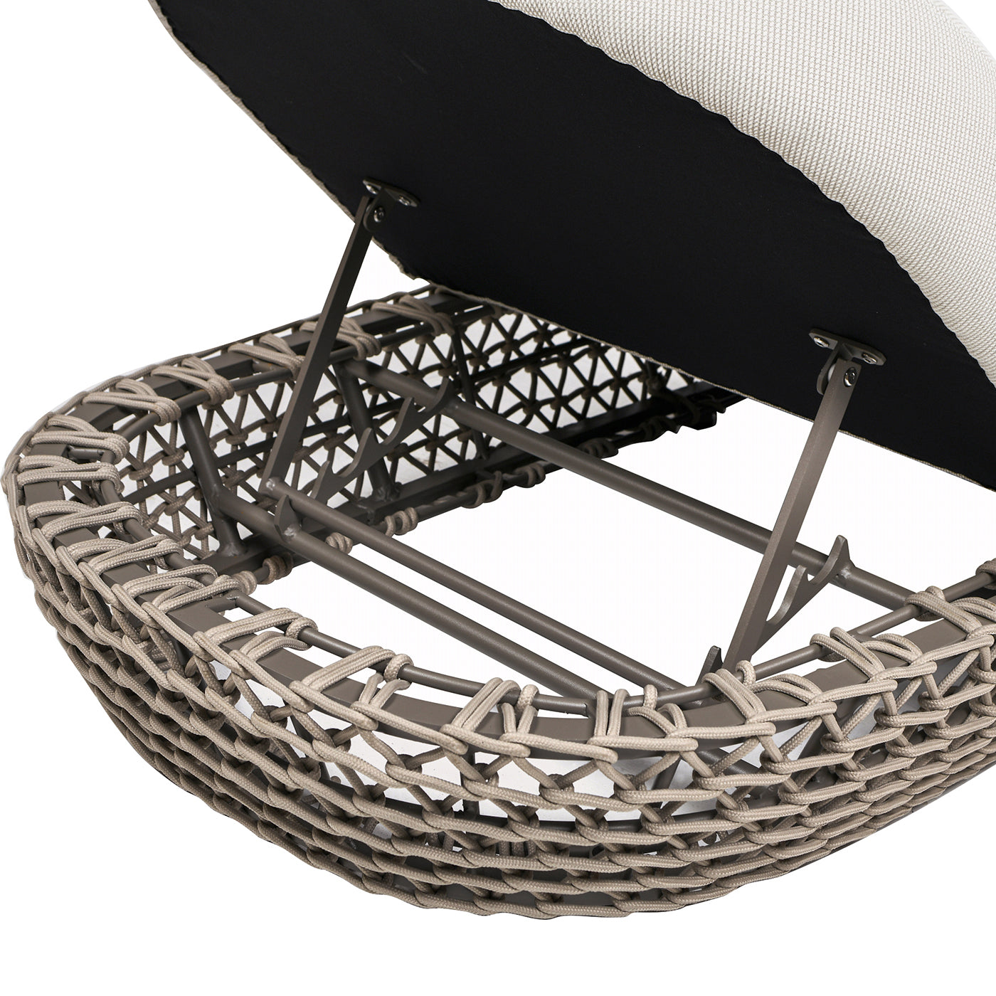 Woven rattan outdoor storage ottoman base with hydraulic lift mechanism and light gray seat support