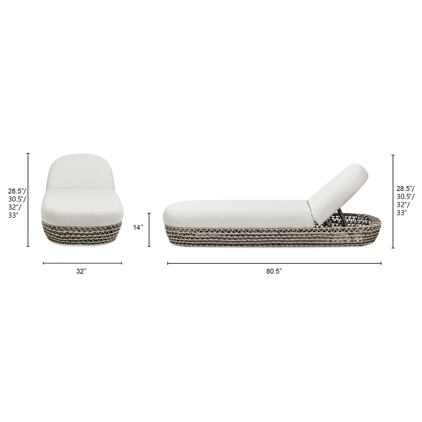 White upholstered chaise lounge with woven base