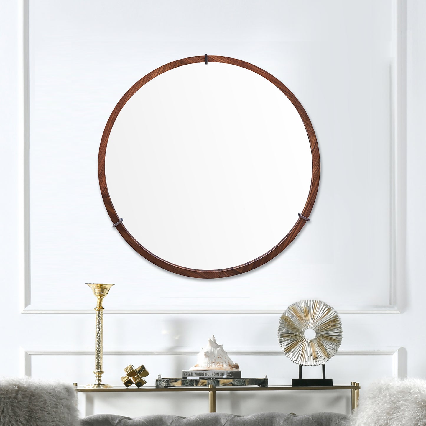 Round walnut wood mirror with a subtle curved frame perfect for entryways