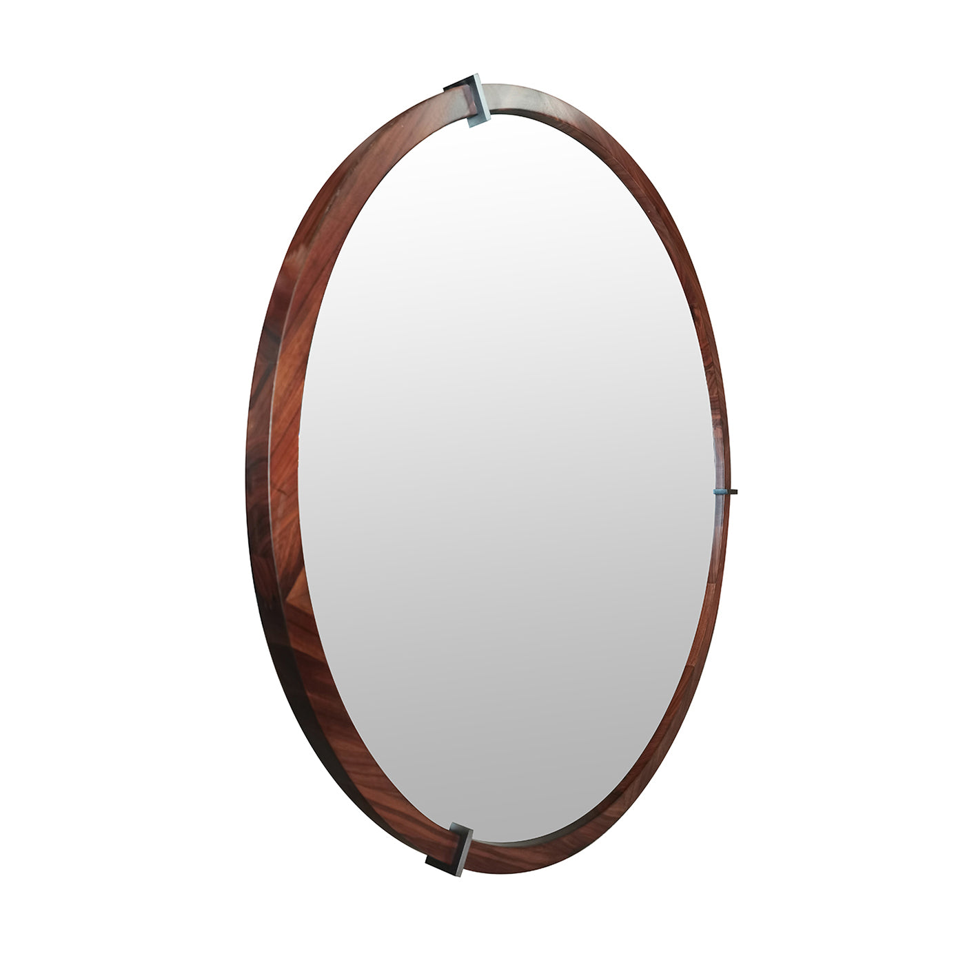 Oval wood mirror with subtle metal accents perfect for modern bathrooms