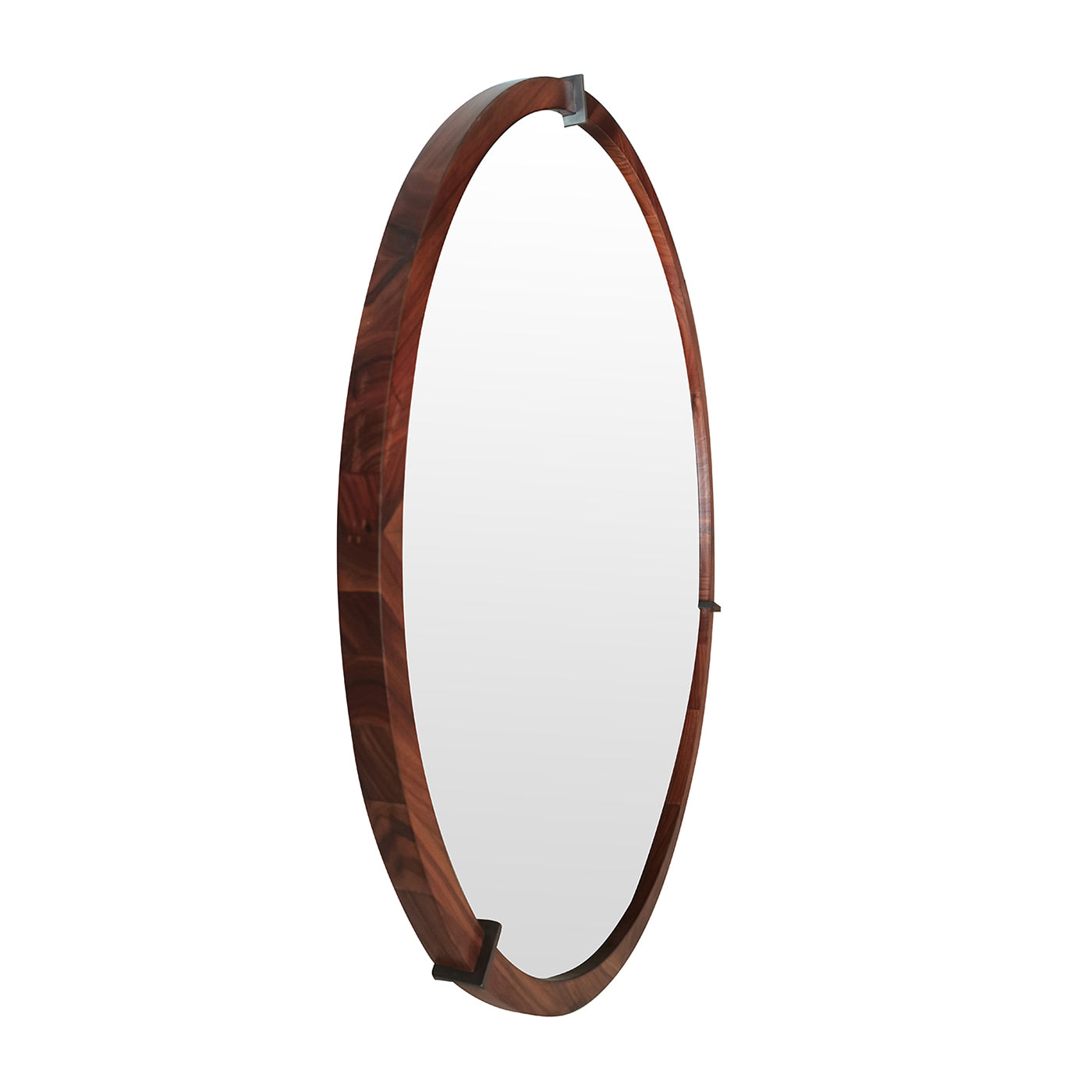 Oval walnut wood framed mirror with brushed metal accents and reflective glass surface