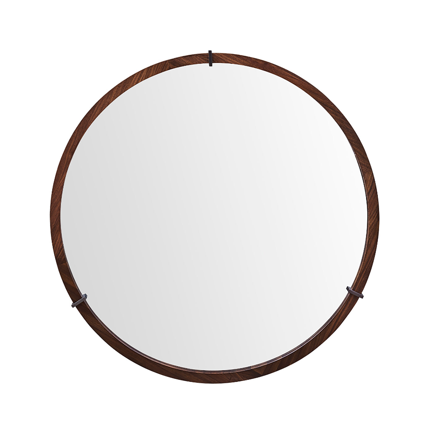 Round wooden mirror with a minimalist dark wood frame ideal for entryways