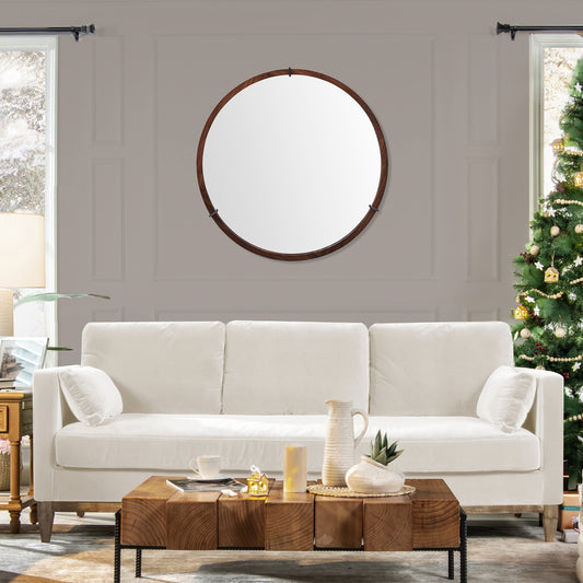 Round walnut wood framed mirror with minimalist design ideal for entryway decor