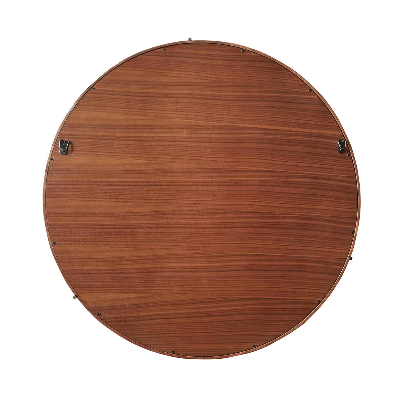 Back of a round wooden wall clock with metal hanging hardware