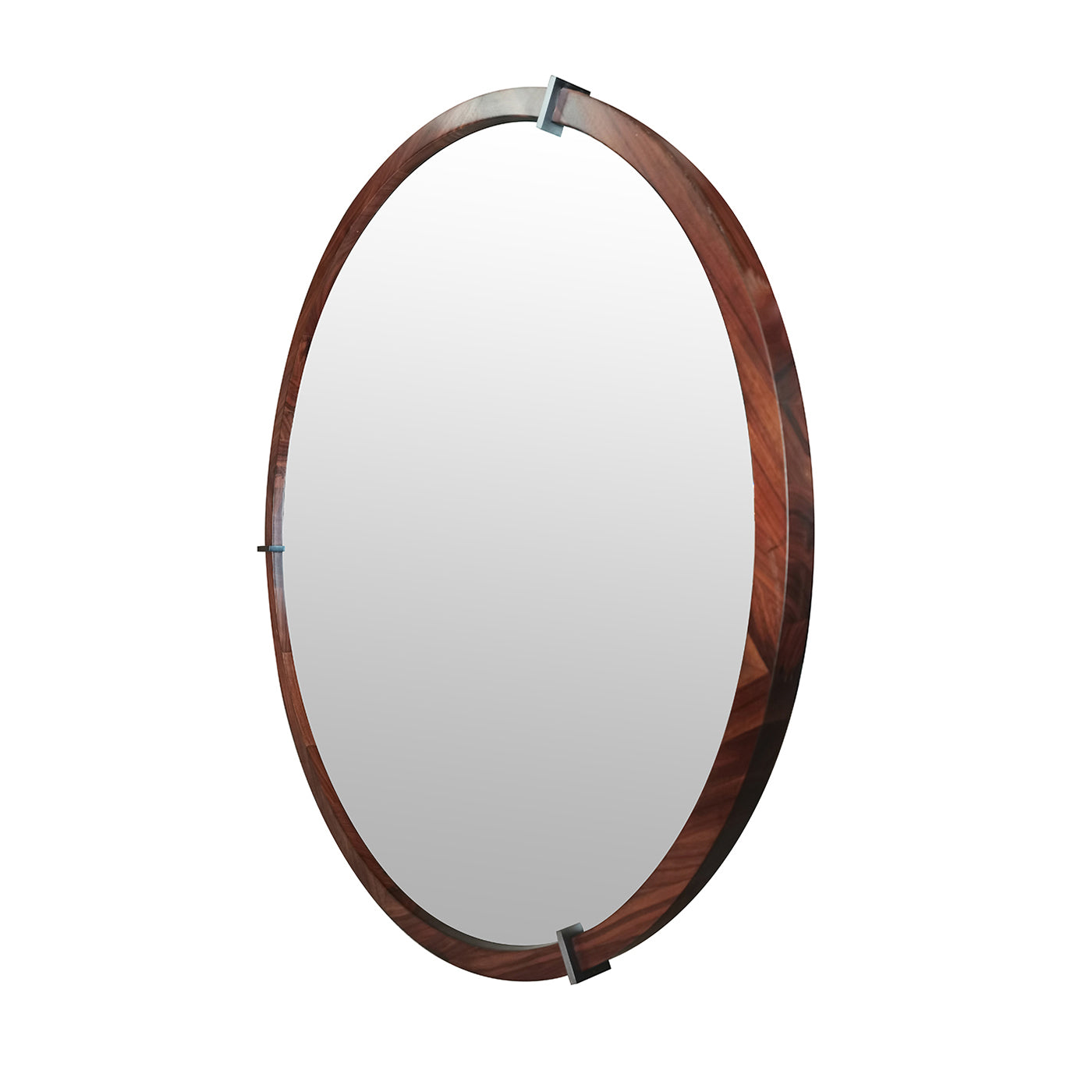 Oval wood framed mirror with polished metal accents