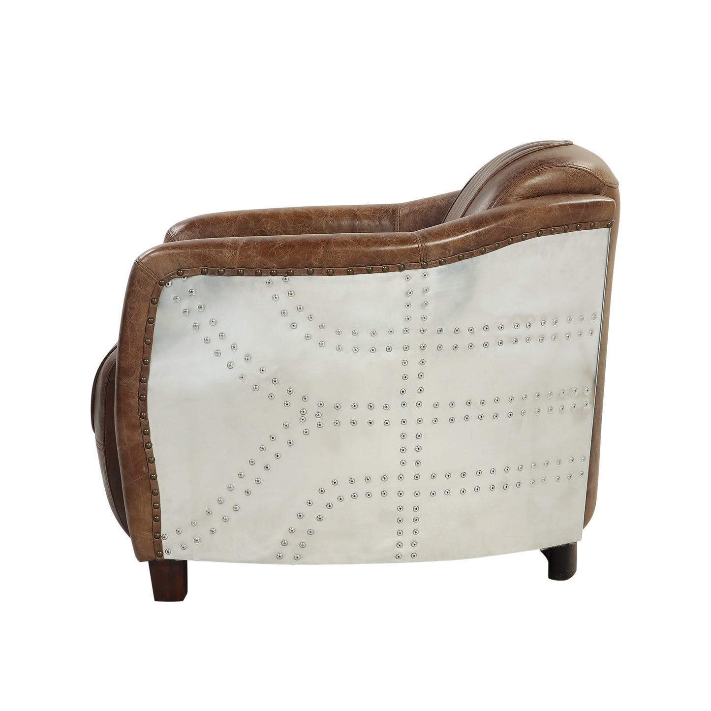 Brown leather armchair with silver metallic side panel and rivet details