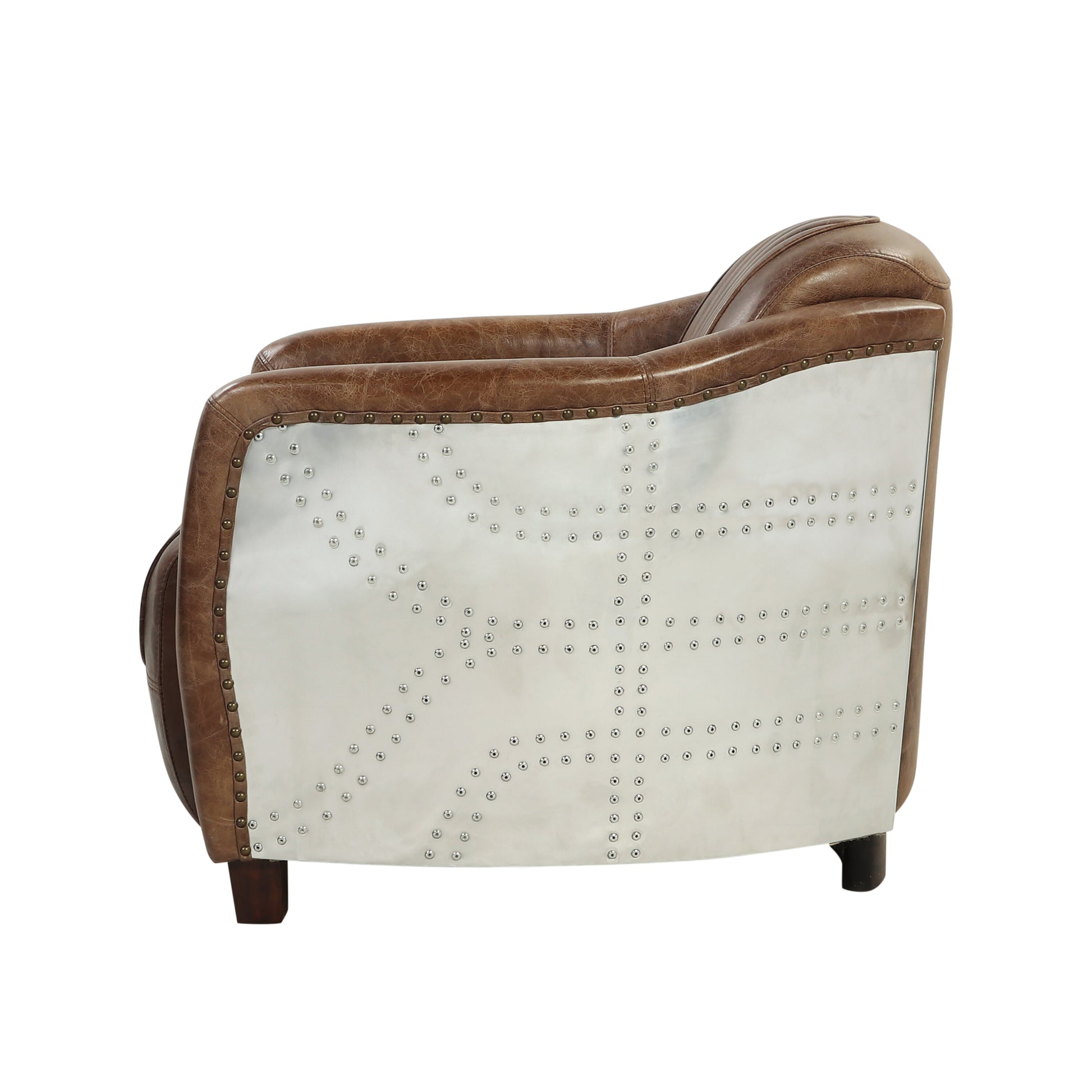 Brown leather armchair with silver metallic side panel and rivet details