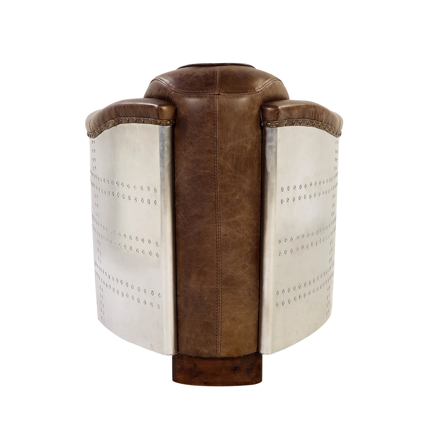 Brown leather aviator armchair with brushed metal sides and rivets