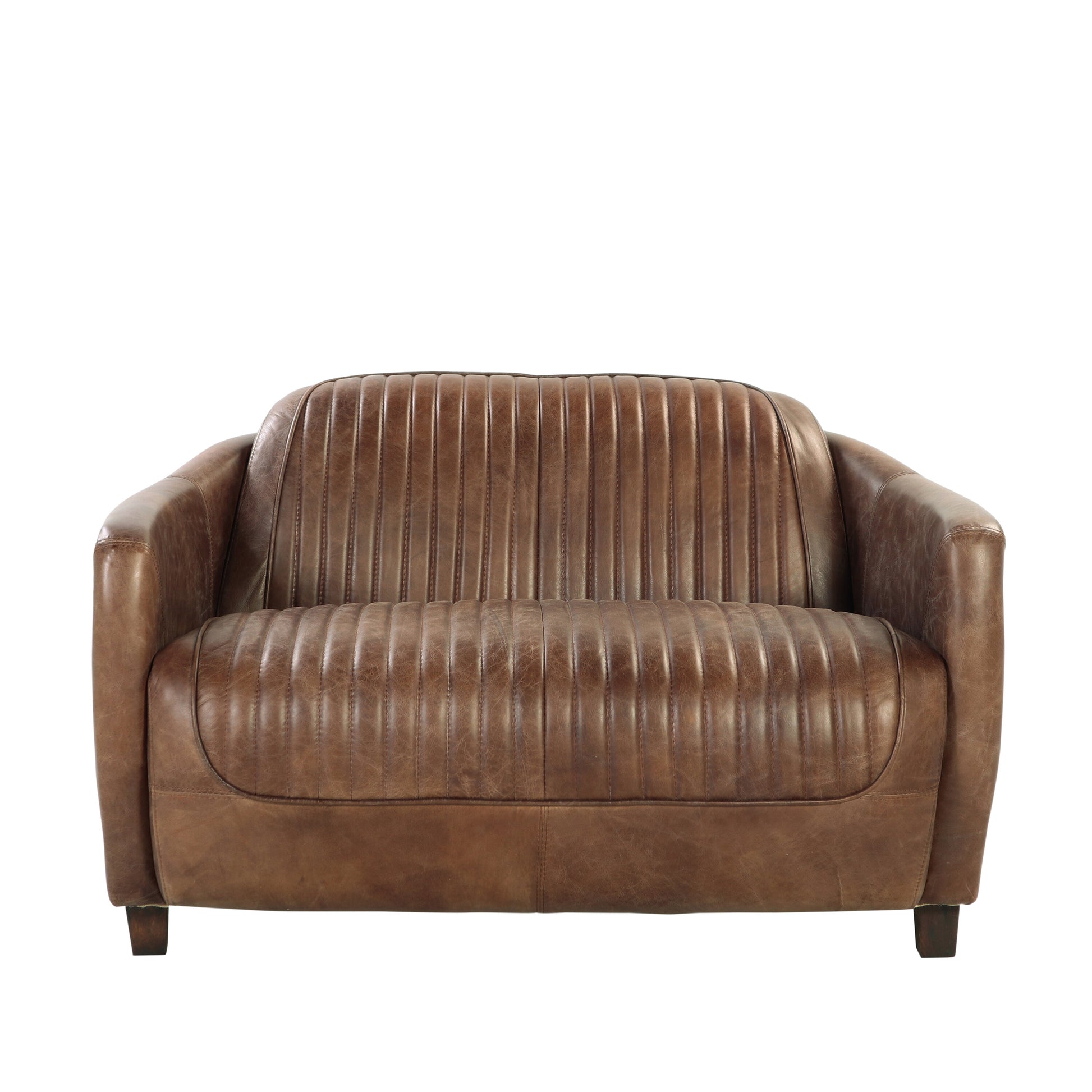 Vintage brown leather sofa with tufted seating and armrests