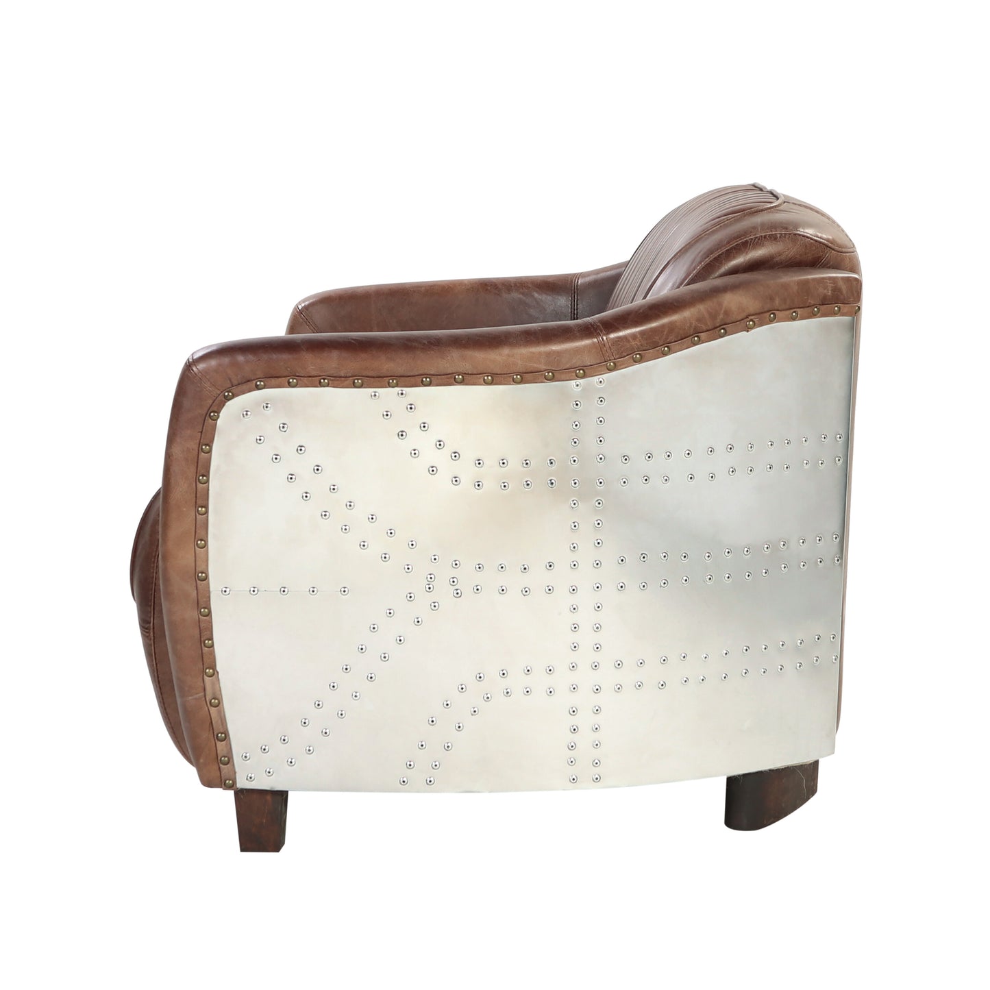 Brown leather aviator armchair with silver metal panel and rivets